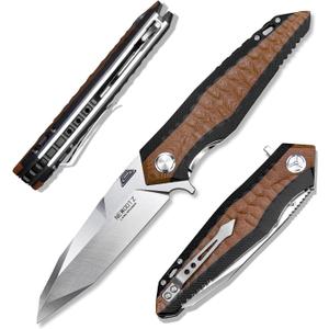 folding pocket knife for men4in d2 tool steel blade,liner lock layers g10 handle,outdoor survival edc tool camping hunting knives with clip (brown)