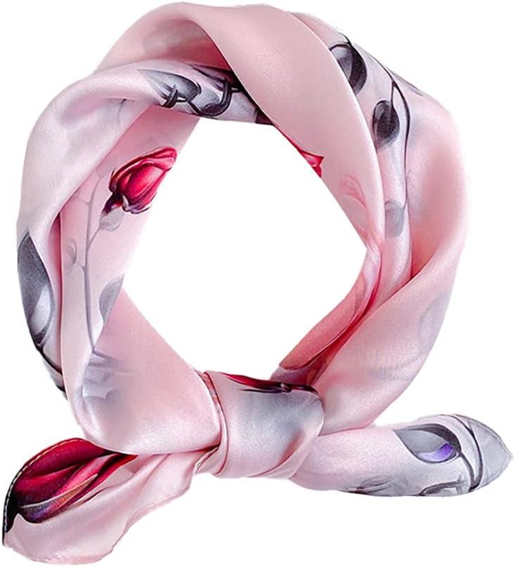Mulberry Silk Scarfs Neck Scarf 21" Small Square Scarfs hair scarf bandana Neckerchief Headscarf for Women (Pink Flower)