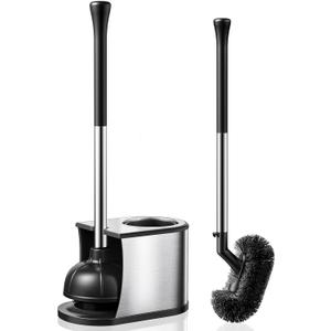 HAMITOR Toilet Plunger and Brush Set: 2 in 1 Stainless Steel Rustproof Combo with Deep Cleaning Curved Bristles - Heavy Duty Toilet Unclogging for Family Bathroom - Compact Apartment Accessories (Silver)