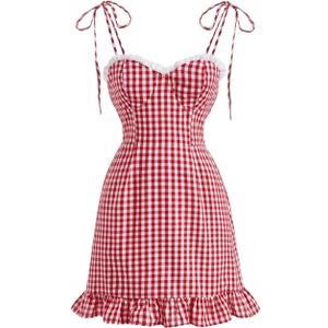 Floerns Women's Gingham Print tie Shoulder Sleeveless Ruffle Hem cami Dress (Red and White, XS)