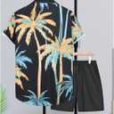 GORGLITTER Men's Patchwork Print Button Front Short Sleeve Collar Shirt and Drawstring Waist Shorts Set with Pocket (Black, L)
