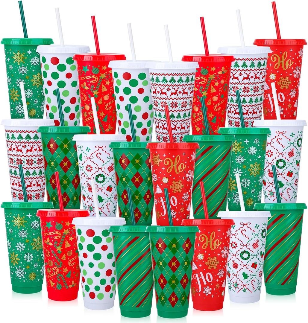 Ovveroche 24 Pcs Christmas Plastic Cups with Lids and Straws, 24 OZ Reusable Drinking Cups for Christmas Party Supplies Birthday Gift Juice Coffee Cold Drinks