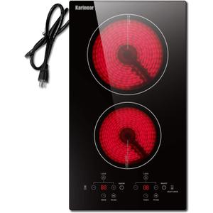 Karinear 2 Burners Electric Cooktop, 120v Plug in Ceramic Cooktop, 12 Inch Countertop & Built-in Electric Stove Top with Child Safety Lock, Timer, Over-Temperature Protection, Sensor Touch Control