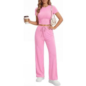 Rooscier Women's 2 Piece Outfits Lounge Sets Short Sleeve Crop Tops and Wide Leg Pants Tracksuit Sets (Pink) XSmall
