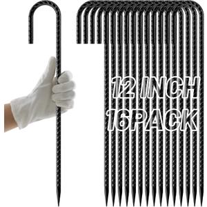 AAGUT Rebar Stakes 12 Inch 16 Pack, J Hook Premium Black Coated Ground Garden Anchors Heavy Duty, Superior Rust Resistance Chain Link Fence Stakes for Camping Tent, Inflatables, Lawn Decor