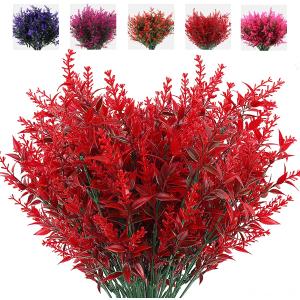 RECUTMS Artificial Outdoor Flowers, 8pcs Faux Outdoor Plant Plastic Lavender Bouquet,UV Resistant Flowers,Spring Decor,Lifelike Natural Fake Plant to Brighten Up Your Home (Red)