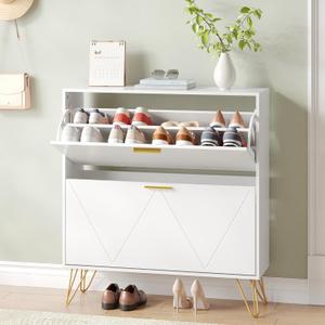 Shoe Cabinet with 2 Flip Drawers, Shoe Storage Cabinet Entryway Slim, White and Gold Narrow Shoe Cabinet w/Metal Legs, Hidden Freestanding Shoe Rack Organizer for Entryway, White (11.5" deep drawer)