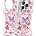 Loheckle for iPhone 15 Pro Max Case with Stand- Compatible with MagSafe Women Girls Cute Girly Unique Design Soft TPU Magnetic Ring Phone Cover for Apple 15 Promax, Butterfly Flower