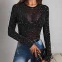 Avidlove Womens Mesh Long Sleeve Bodysuit Round Neck Sheer Leotards Geo Print Bodysuit Top with Snap Crotch (Small, Gold Star)