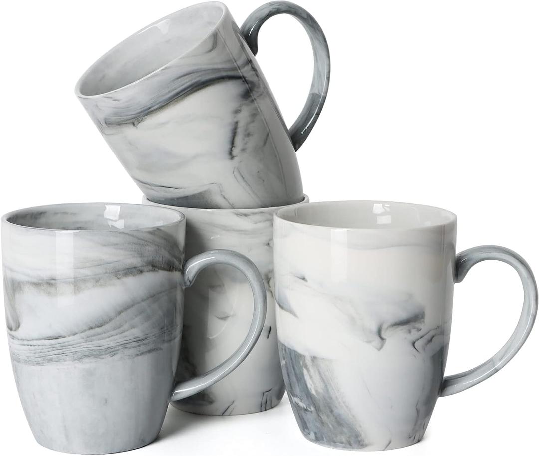 Smilatte 14 OZ Marble Coffee Mugs, M067 Novelty Marble Ceramic Cup for Home and Office, Microwave Dishwasher Safe, Set of 4, Gray