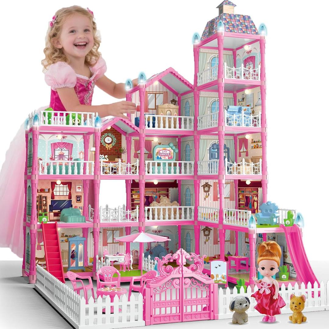Villa Toys for Girls, 5 Stories 16 Rooms Villa Playset with Dolls, Lights, Furniture, Slide Accessories, DIY Pretend Toddlers House kit for 3 4 5 6 7 8 9 10 Year Old Kids (Pink), 30.7 X 26 X 23.8 Inches