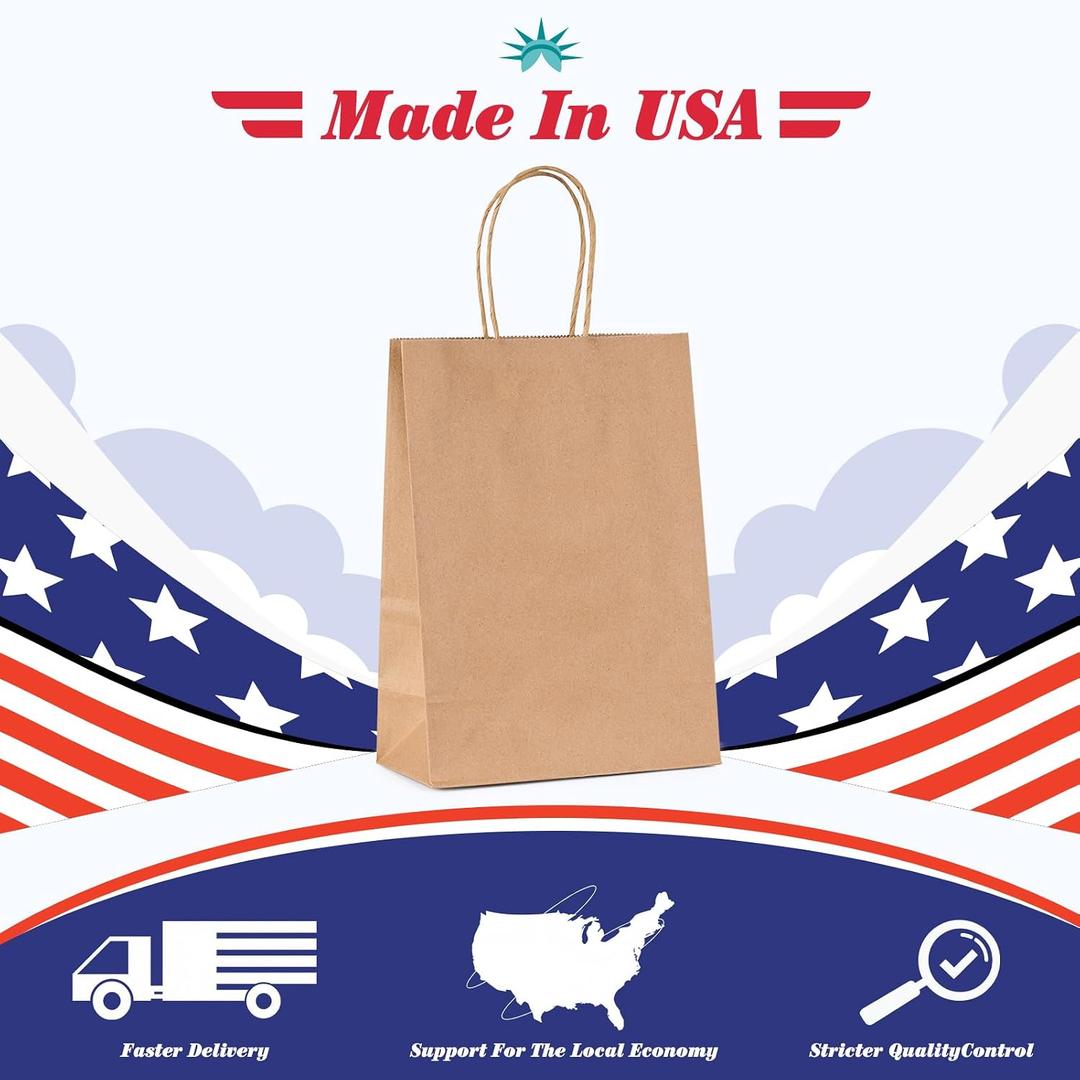 GSSUSA 40 Pack Paper Gift Bags 5.25x3.75x8 Inch Small Brown Paper Bags with Handles Bulk, Brown Kraft Bag for Small Business, Sturdy Grocery Retail Shopping Birthday Party Favor Craft Bag （Made in USA）