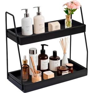 Acacia Bathroom Organizer Countertop 13.6 x 14 x 6.7 inches, 2-Tier Wood Counter Standing Rack, Countertop Storage Shelf for Organizing Bathroom Kitchen Office Desk Vanity Cosmetic Balcony (Black)