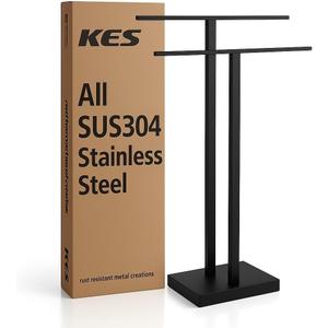 KES Free Standing Towel Rack Bathroom, Standing Towel Rack Floor with Weighted Base 2-Tier, Double Bath Towel Holder 18/8 Stainless Steel Matte Black, BTH231-BK