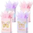 Leinuosen 16 Sets Butterfly Party Favor Bags with Tissue Paper,Pink Purple Goodie Bags for Kids Girls,Floral Treat Totes with Handles for Birthday,Baby Shower,Party,Wedding(Glitter Style)