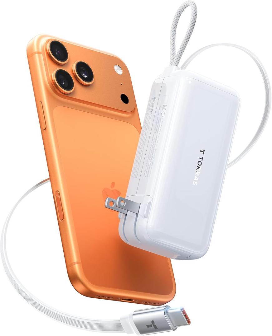 TORRAS EasyGO 3-in-1 Portable Charger with Retractable USB-C Cable & Wall Plug, 10000mAh Power Bank, 35W Fast Charging Travel Essentials for iPhone 17/16 Pro Max, Samsung, iPad, MacBook Air