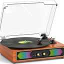 Bluetooth Record Player with RGB Lights, 3-Speed Belt-Drive Turntable with Built-in Stereo Speakers, Bass/Treble Control, Auto Stop, AUX in/Out, RCA Out, Retro Wood Vinyl Player for Home & Gift Use