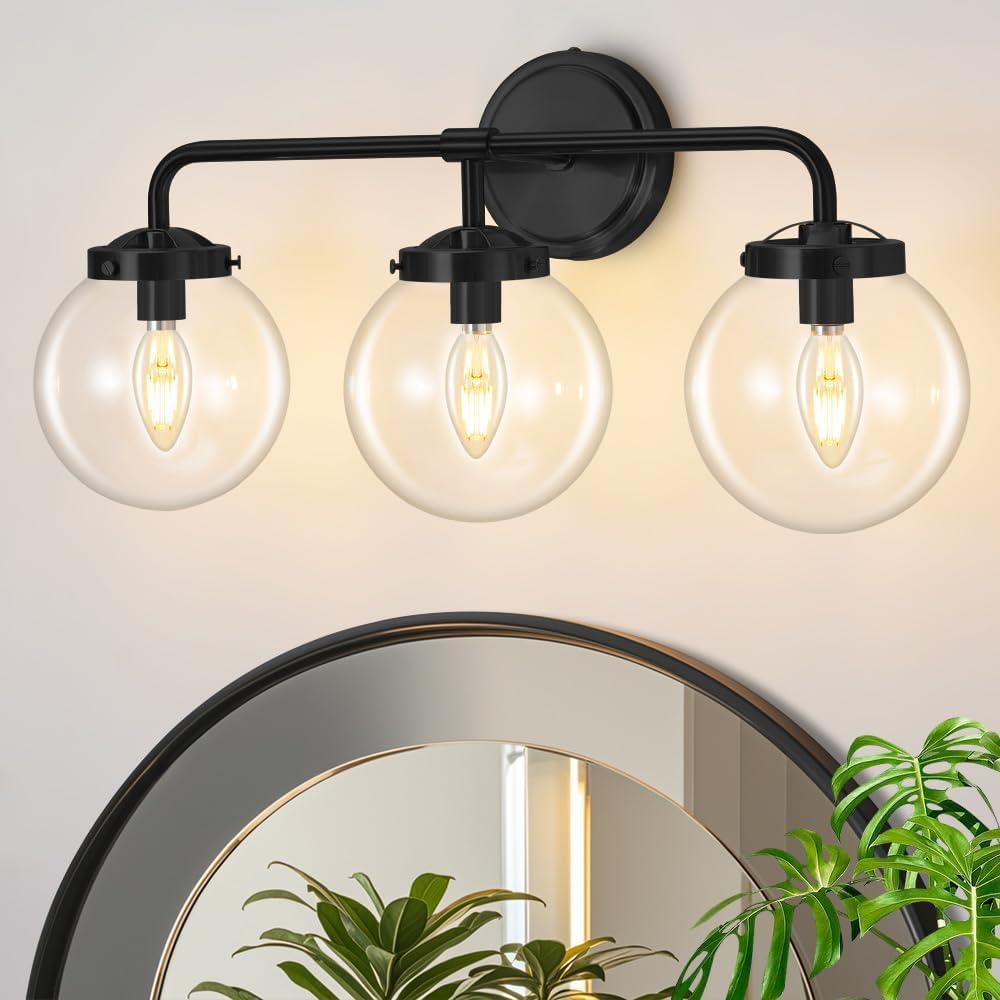 Bathroom Vanity Light Fixtures Over Mirror, Modern Matte 3 Lights Wall Sconce Lighting with Transparent Glass Ball Shade, Mid Century Farmhouse Vanity Lights (Black), 3lights-22.4in-Transparent