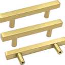 goldenwarm Gold Cabinet Handles 3 3/4 inch Brushed Brass Drawer Pulls 10 Pack - LS1212GD96 T Bar Square Gold Kitchen Cabinet Door Handle Bathroom Cabinet Pulls