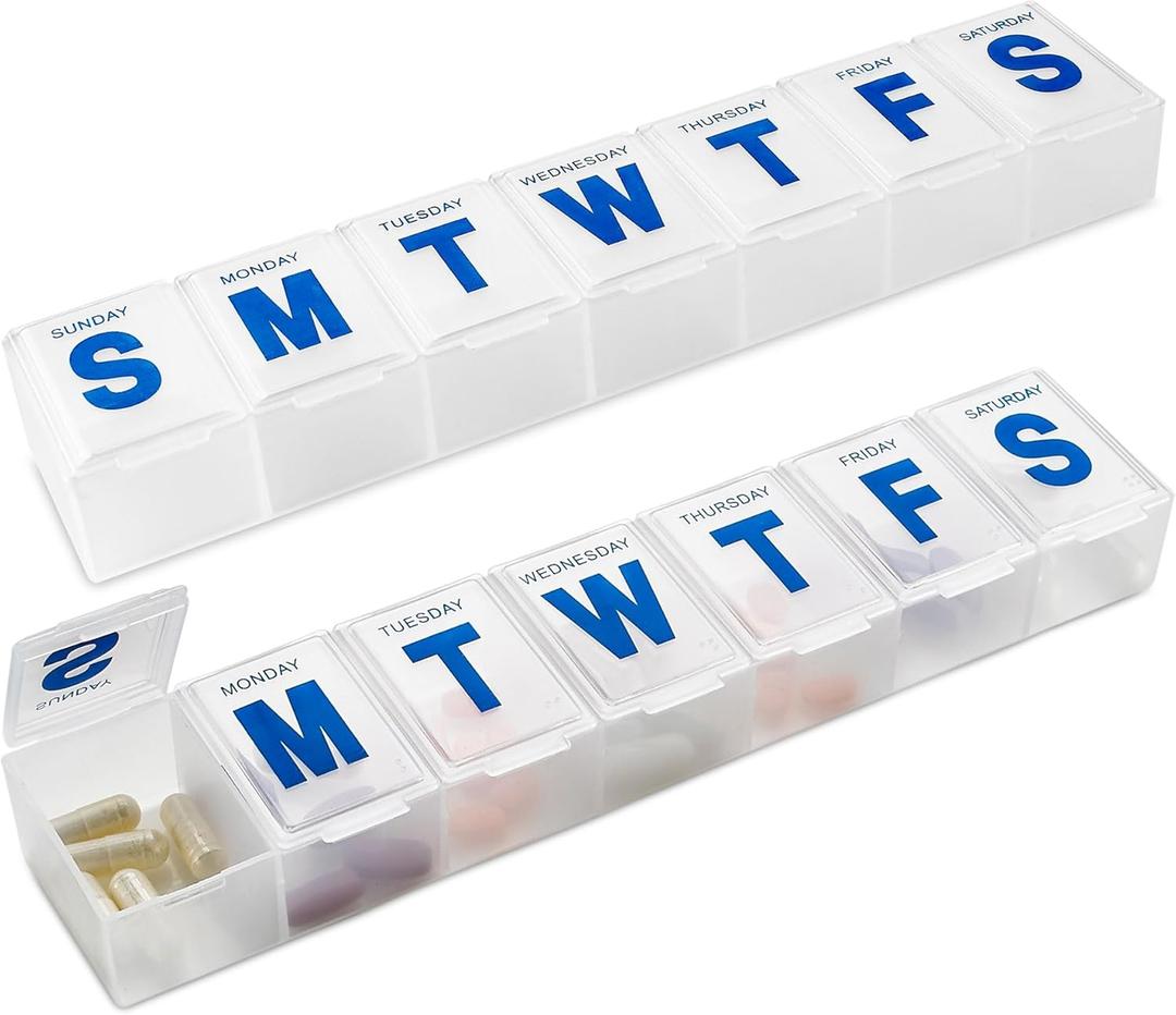 Weekly Pill Organizer - (Pack of 2) Extra Large Vitamin Container with Jumbo Easy to Read Letters, BPA Free - Daily Travel 7 Day Medication Pill Box Case (Clear)