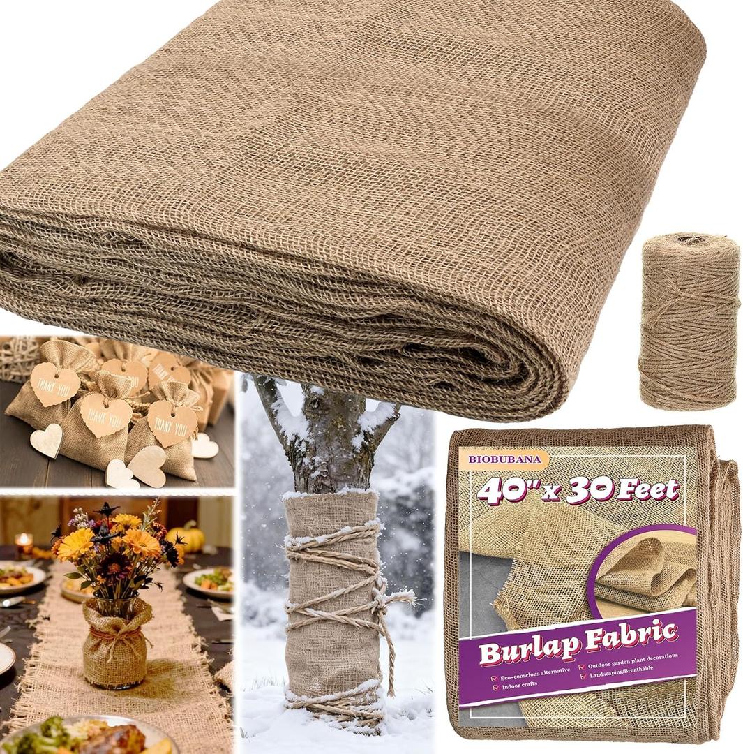 40'' x 30 Feet Burlap Fabric Roll 10 Yard, Natural Jute Fabric for Winter Tree Wrap Plant Covers Freeze Protection with 164 Feet Jute Rope, DIY Rustic Wedding Garden Outdooor Christmas Decoration