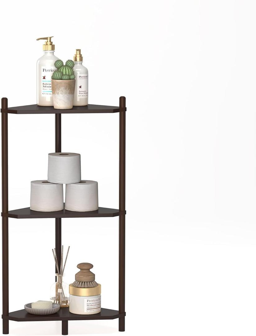 Wisuce Corner Shelf Stand - 3 Tier Bamboo Small Corner Bookshelf, Brown, for Office Kitchen Bedroom Plant Stand Living Room Decor Small Space