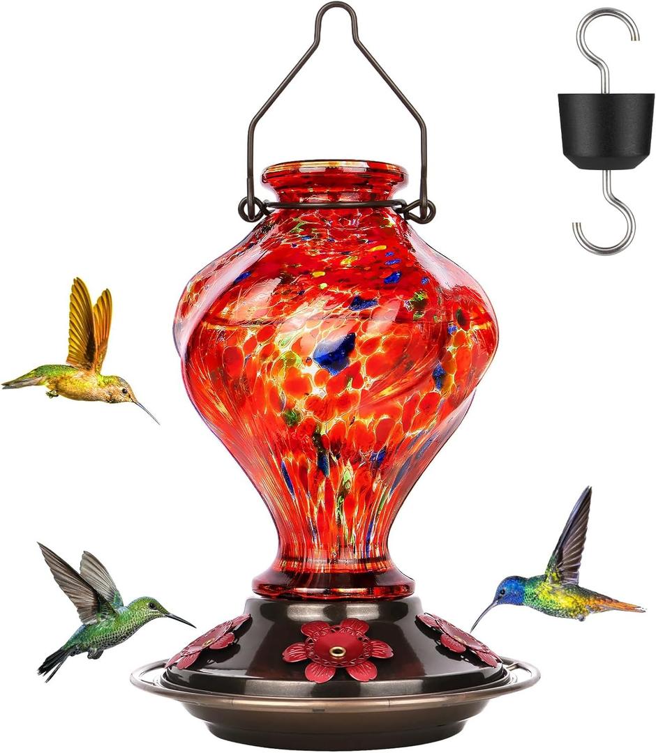 Hummingbird Feeder, BOLITE Glass Hummingbird Feeders for Outdoors Hanging, Hand Blown Twisted with Ant Moat and Five Feeding Ports, 24 Ounces, Leak Proof, Red, Gifts for Women Men, Gifts for Mom Dad