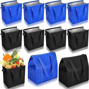 10 Pack Large Insulated Grocery Bags Reusable Shopping Bags with Zippered Top 13 x 12 x 7 Inch Thermal Cooler Totes Bulk with Handles for Hot Cold Food Delivery Refrigerator (Blue and Black)
