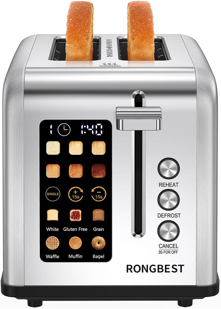 2 Slice Easy Touch Screen Toaster, Stainless Steel Toaster with Wide Slots, Even Toasting for Bagels & Bread, Reheat & Defrost, Removable Crumb Tray, Matt Black
