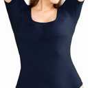 POSESHE Women's Plus Size Short Sleeve Square Neck Tank Top Bodysuit, (Blue, XXL)