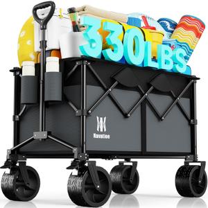 Navatiee 330Lbs Collapsible Folding Wagon, Beach Wagon Cart Heavy Duty Foldable with Big Wheels, Utility Grocery Wagon with 165L Large Capacity for Camping Garden Sports, Gray