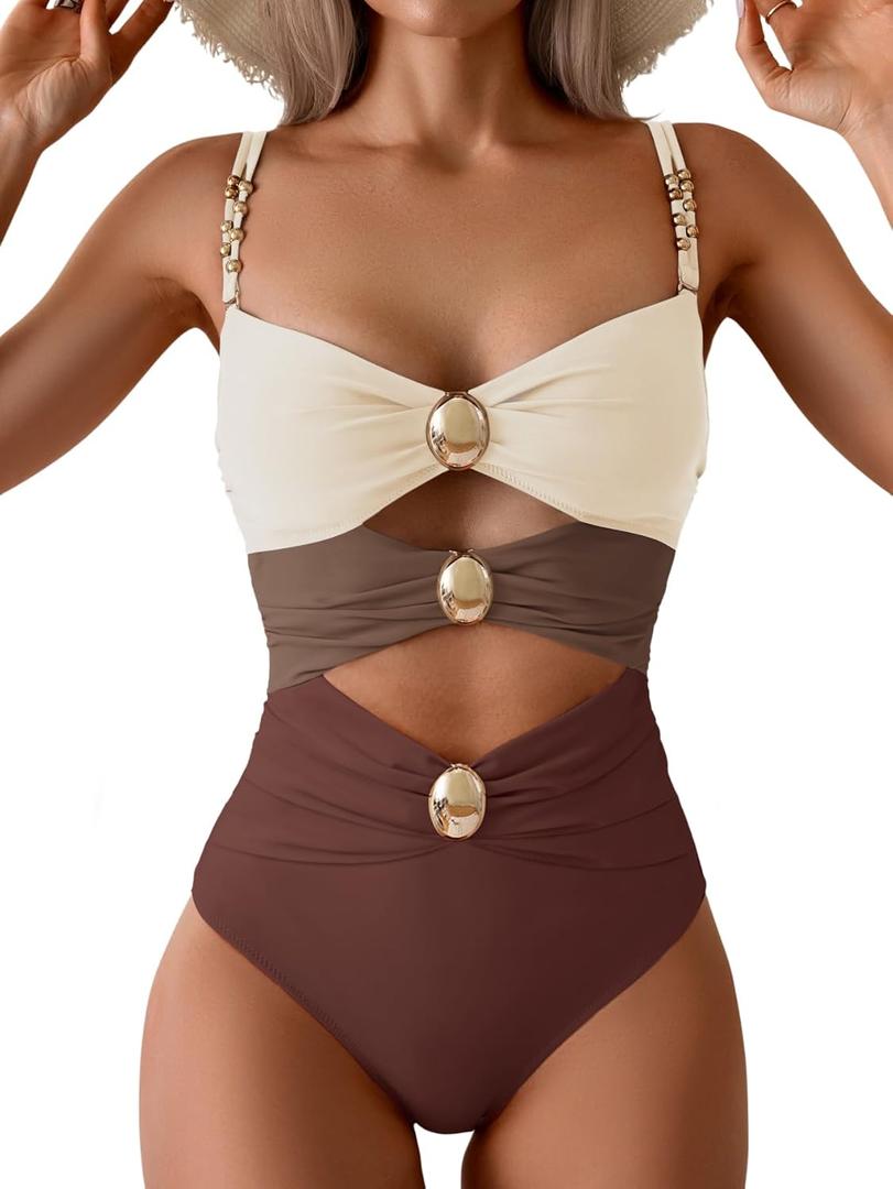 B2prity Cutout One Piece Swimsuit Tummy Control Ruched Monokini Color Block Bathing Suit for Cruise Vacation (M)