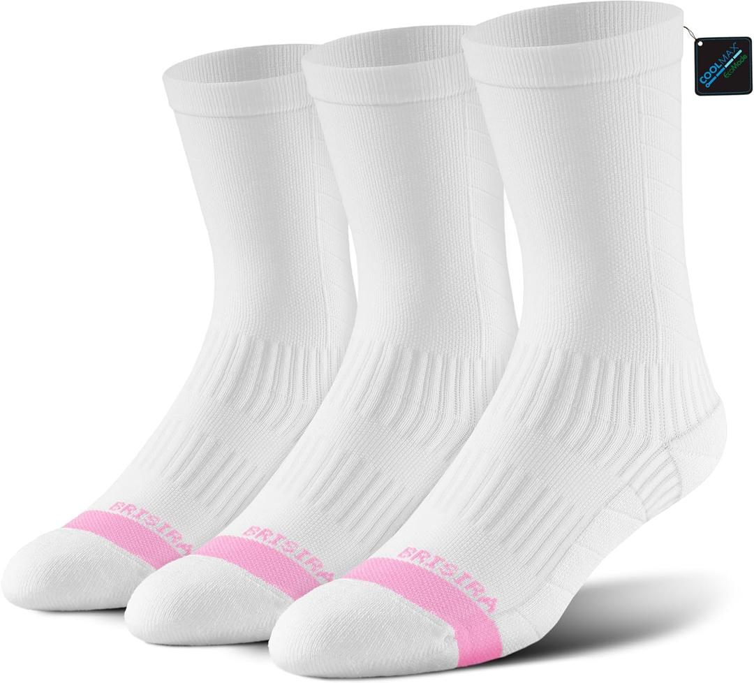 BRISIRA Coolmax Bamboo Viscose Compression Running Crew Socks Women Moisture-Wicking Anti-Blister Cooling Athletic Mid Calf (8-10, 3 Pairs White)