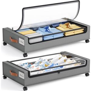 Yecaye Under Bed Storage with Wheels, 2 Pack Under Bed Storage Containers, Large Under Bed Rolling Storage with Clear Window & Label, Bedroom Storage Organizer for Clothes, Shoes, Books, Blankets