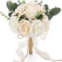 Vkkperp 9.5In Wedding Bouquets for Bride Bridesmaid, Champagne Roses White Artificial Flowers Toss Bouquet for Wedding Party Church Decoration