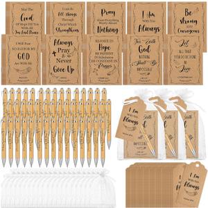 200 Pcs Christian Gifts Bulk Sets Bible Verse Religious Ballpoint Pen and Notebook Gift Set with Thanks Tags Organza Bag Gift Bulk for Women Church Christian Party Favors(Brown,Classic) (White)