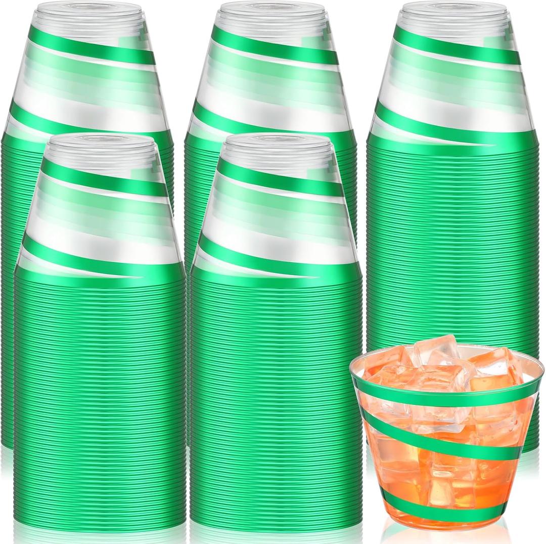 Norme 100 Pcs 9oz Green Cups Rimmed Plastic Cups Holiday Trimmed Disposable Cup Disposable Wine Glasses for Party Supplies(Green and Clear)