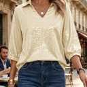 Cicy Bell Womens 3/4 Sleeve Sparkly Tops Metallic Casual Blouses Loose Fit Collared V Neck Glitter Party Shirts (Gold)