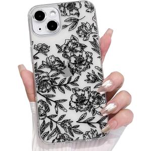 NITITOP Compatible with iPhone 14 Case Clear Cute Line Flower Floral Rose Pattern for Women Girls Full Camera Lens Clear Slim Shockproof Protective Phone Cover - Black