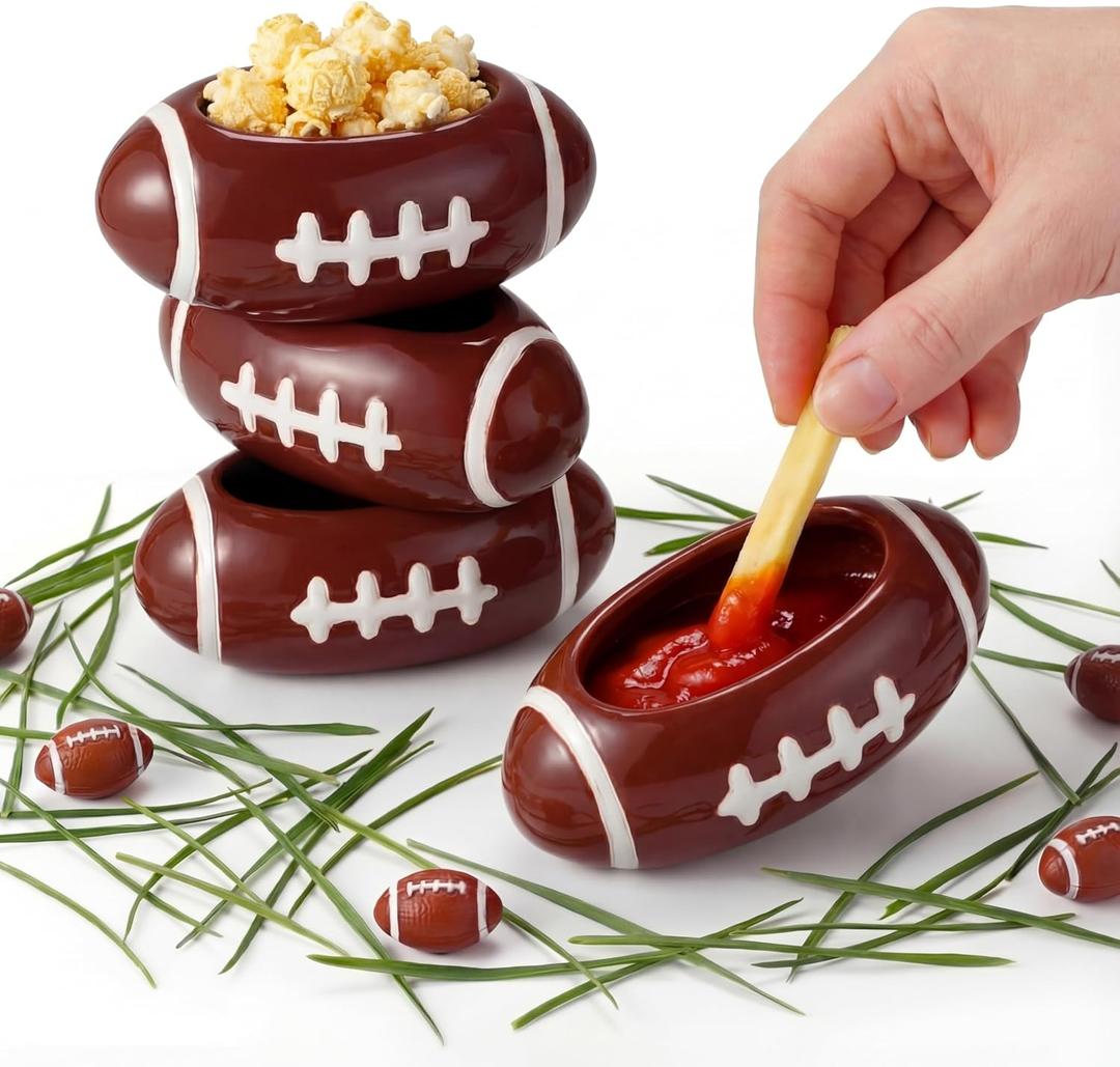 Layhit 4 Pcs Football chip Bowl Football Party Ceramic Condiment Server Chip and Dip Bowls Serving Dishes for Birthday, Tailgate Party Decorations