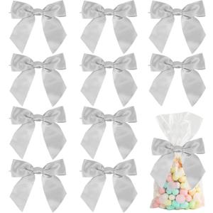 AIMUDI Satin Twist Tie Bows for Treat Bags 4.5" Pre-Tied Silver Bows with Twist Ties Gray Ribbon Bows for Crafts Premade Bows for Gift Wrap Christmas Tree Wedding Decor Party Favors Goodies - 36 PCs