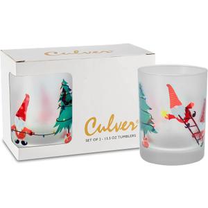 Culver Holiday Decorated Frosted Double Old Fashioned Tumbler Glasses, 13.5-Ounce, Gift Boxed Set of 2 (Gnomes Decorating Christmas Tree)