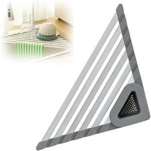 Triangle Drain Rack, Triangle Above Sink, Collapsible Sink Rack, Folding Corner Drainer Rack Silicone Sponge Holder Roll Up Kitchen Organization for Drying Dishes Fruits Vegetables (Dark Gray)