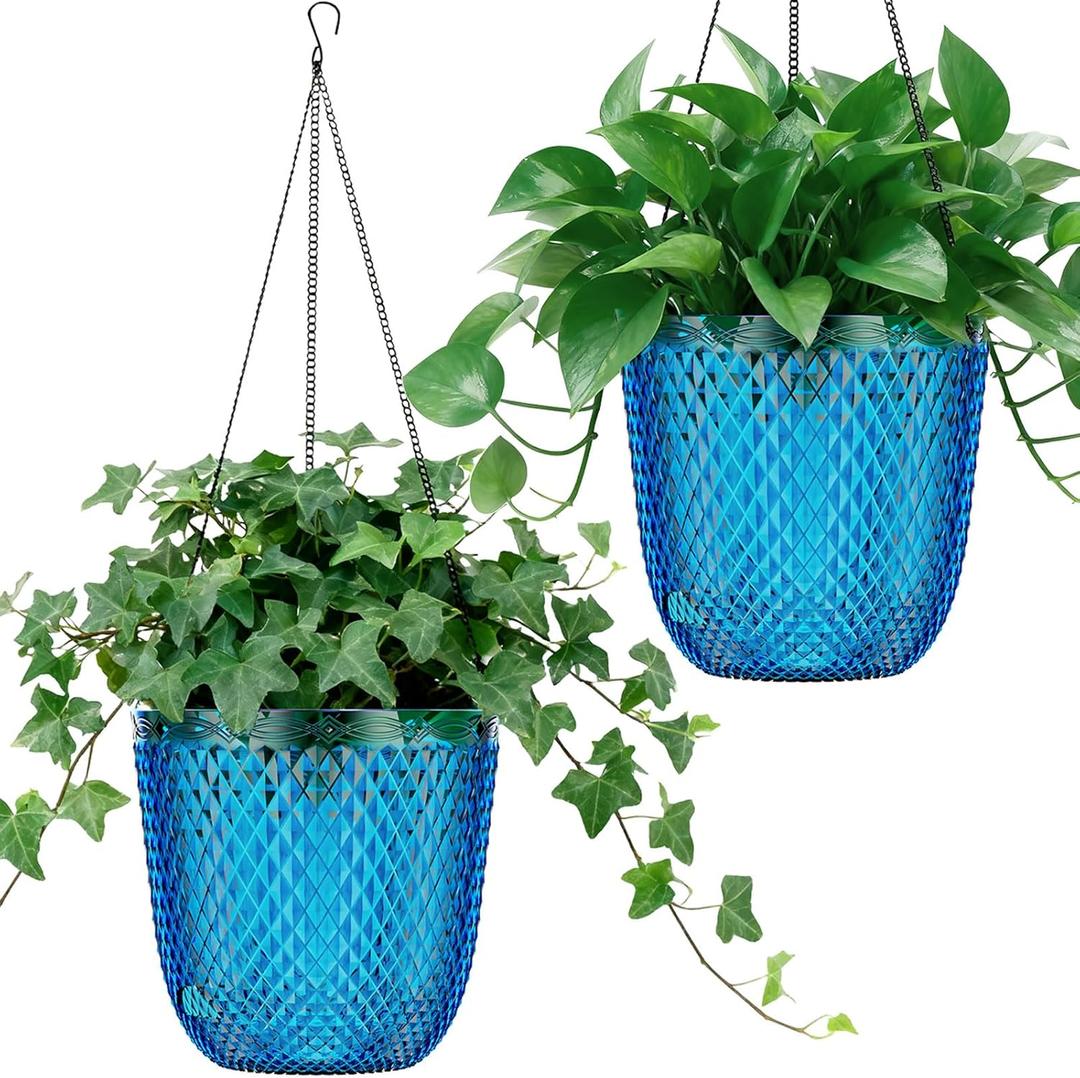 QCQHDU Self Watering Hanging Pots, 2-Pack 7.2 Inch Hanging Planters for Indoor Plants, Plastic Plant Hanger with Drainage Holes and 3 Hooks Chains for Garden Home (Klein Blue)
