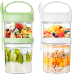 LUXEAR 31oz Large Overnight Oats Containers with Lids and Spoons 2 Pack,Dual-Layer Plastic Yogurt Parfait Cups Salad Pod Mason Jar Reusable for Oatmeal Cereal Nut Fruit with Holder for Snack Meal Prep