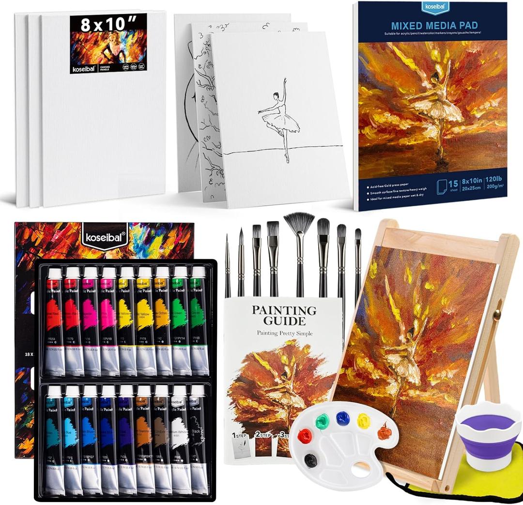 koseibal Acrylic Paint Set for Adults & Kids - 37PCS Art Painting Supplies Kit with 18 Colors Acrylic Paint, 8 Paint Brushes,6 Canvas Panels, Wooden Easel,Palette, Painting Pad