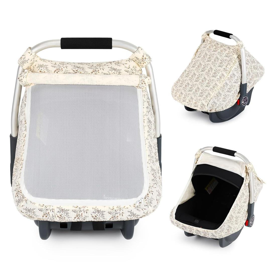 Beberoad Love Baby Car Seat Cover, Breathable Mesh Window & Windproof Canopy, Universal Fit for Infant Car Seats,  Lightweight, Easy Install (Beige)