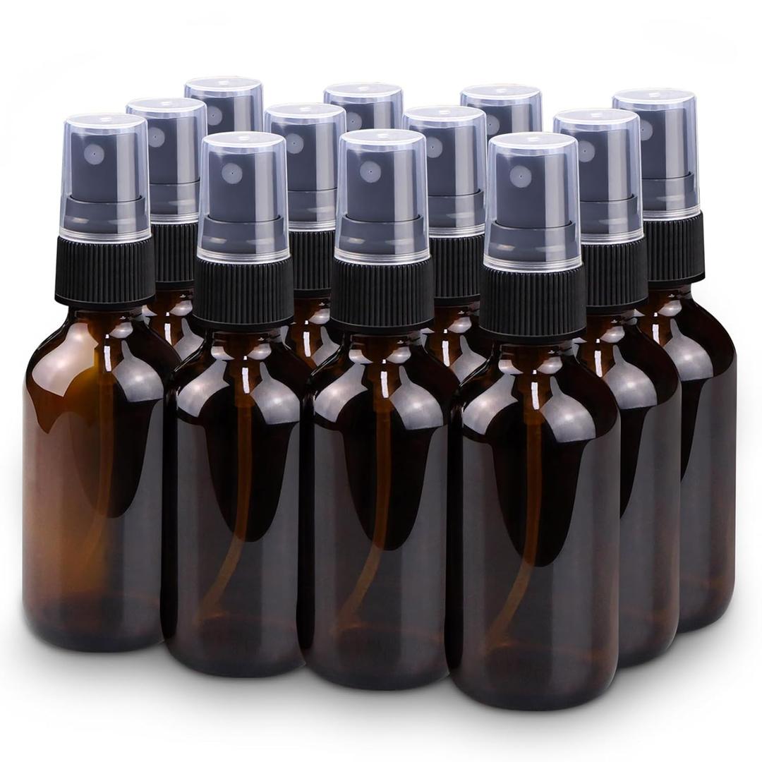 Wedama Spray Bottle, 2 oz Fine Mist Glass Spray Bottle, Little Refillable Liquid Containers for Watering Flowers Cleaning (12 Pack, Amber)