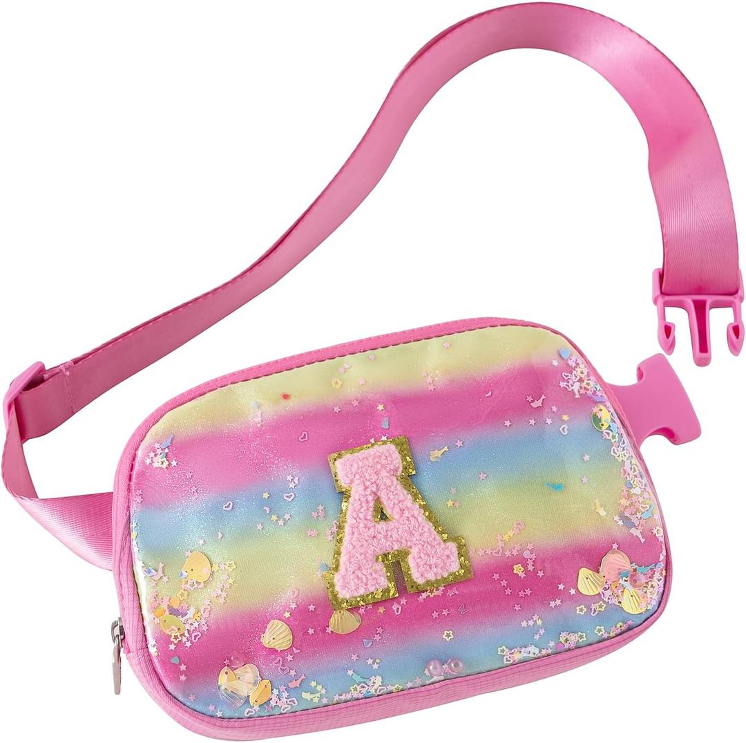 Fanny Pack for Girls, Birthday Easter Gifts, Chenille Initial Letter Girls Crossbody Bag, Preppy Teen Belt Bag for Graduation Travel Gifts, Cute Sequin Trendy Stuff. (A, Rose Red)