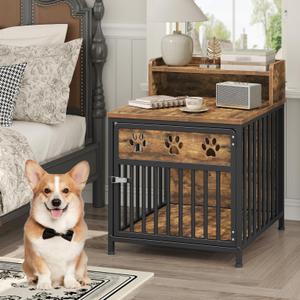 YATINEY Dog Crate Furniture, Wooden Dog Kennel with Storage, Indoor Pet Crate End Table, Two-Tier Small Dogs House, Chew-Proof, for Living Room, Bedroom, Black and Rustic Brown DC01BR